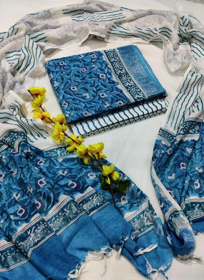 Linen Cotton Sky Blue Casual Wear Printed Salwar Suit